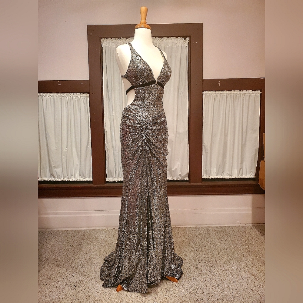 Silver Sequin Strappy-Back Gown